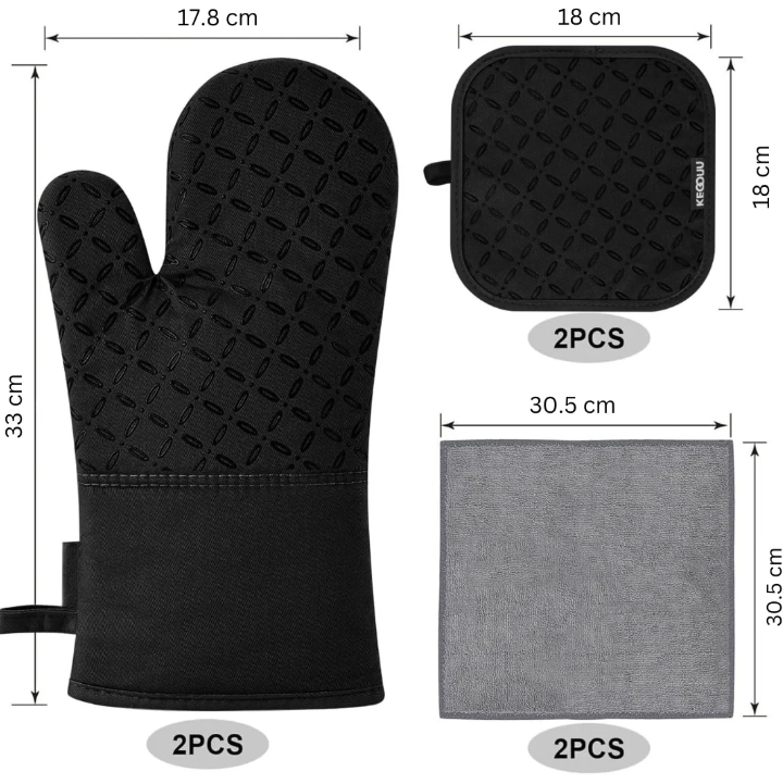 "Lot de 6 gants de four et maniques, protection chaleur 250°C, design ergonomique couleur moderne, cuisine sécurisée."