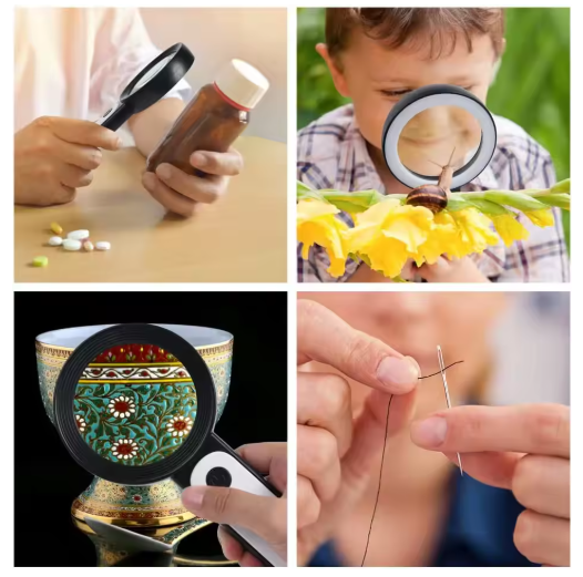 "Loupe 30x LED éclairage, détails clairs pour seniors, accessoire ergonomique, usage confortable, fond blanc."