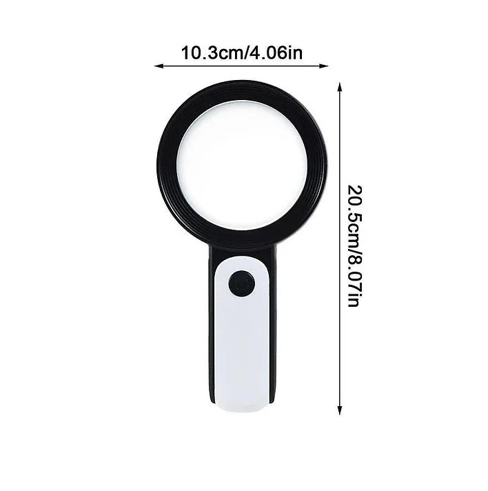 "Loupe 30x LED éclairage, détails clairs pour seniors, accessoire ergonomique, usage confortable, fond blanc."