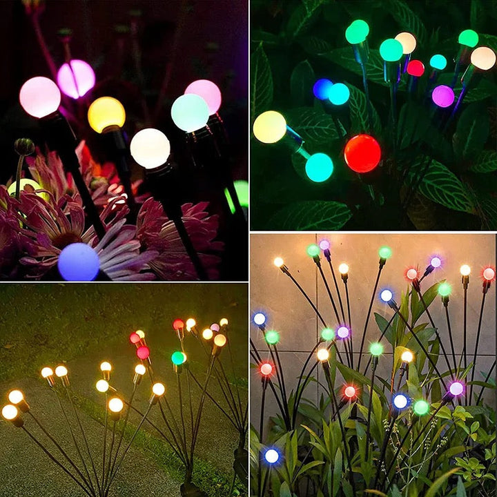 "Lucioles solaires éclairant un jardin avec lumière scintillante, écologique et résistante aux intempéries."