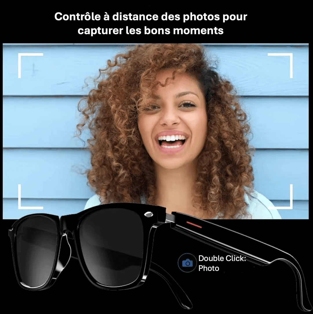 "Lunettes de soleil intelligentes Nortik, vue de face, avec caméra intégrée et fonctionnalités Bluetooth élégantes."