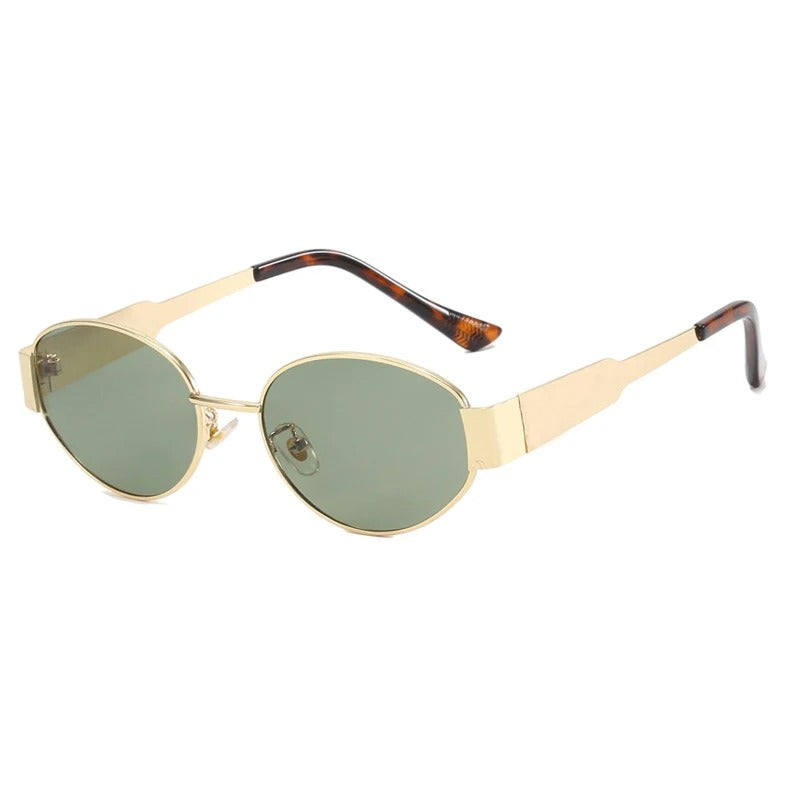 "Lunettes de soleil ovales unisexes avec monture métallique chic et lentilles anti-UV pour protection et style ensoleillé."