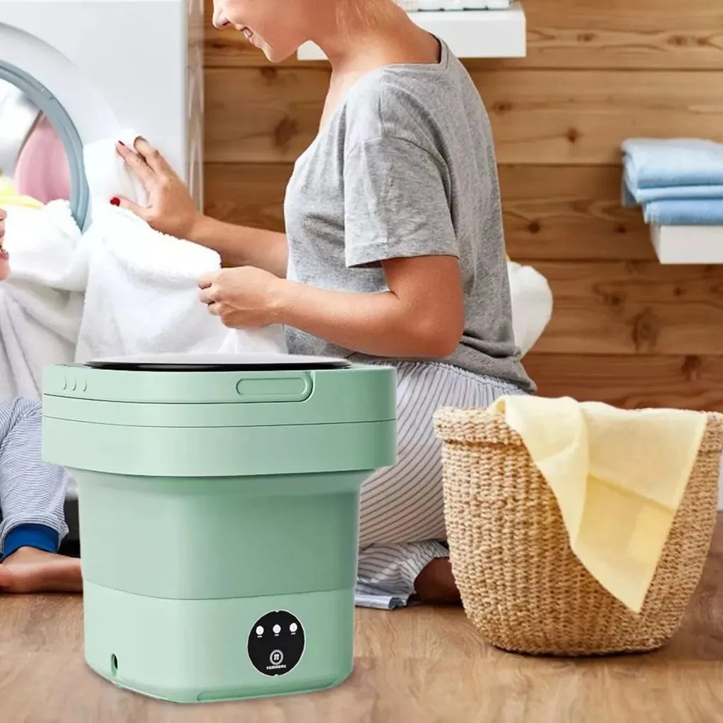 "Machine à laver pliante compacte, idéale pour petits espaces et voyages, design moderne, 17L, facile à utiliser."