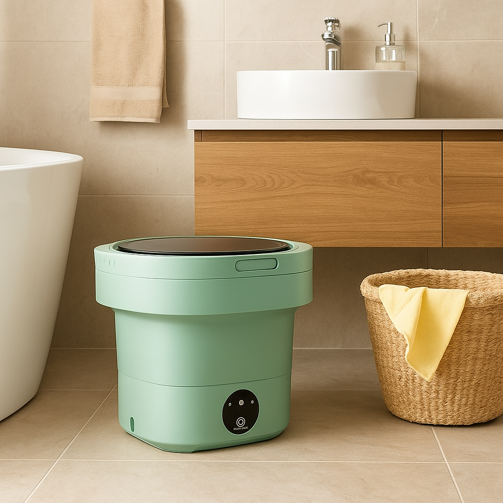 "Machine à laver pliante compacte, idéale pour petits espaces et voyages, design moderne, 17L, facile à utiliser."