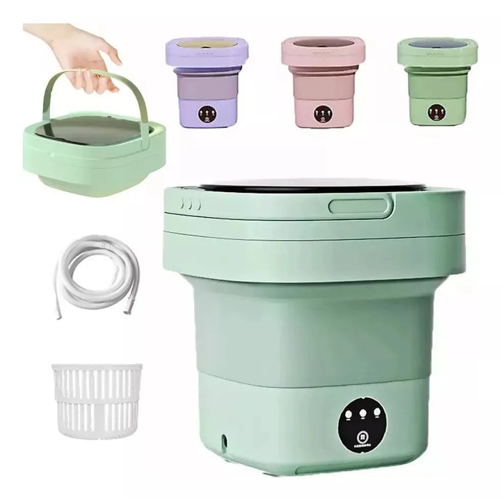 "Machine à laver pliante compacte, idéale pour petits espaces et voyages, design moderne, 17L, facile à utiliser."
