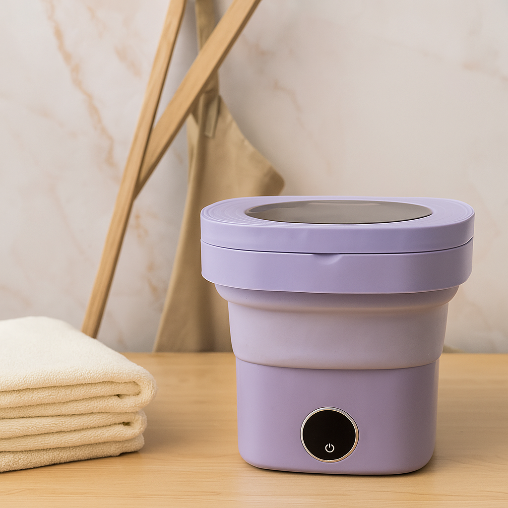 "Machine à laver pliante compacte, idéale pour petits espaces et voyages, design moderne, 17L, facile à utiliser."