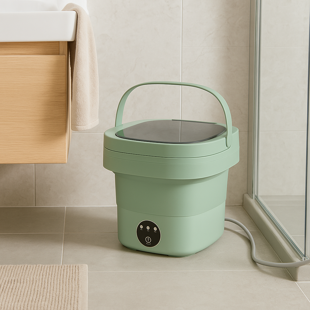 "Machine à laver pliante compacte, idéale pour petits espaces et voyages, design moderne, 17L, facile à utiliser."