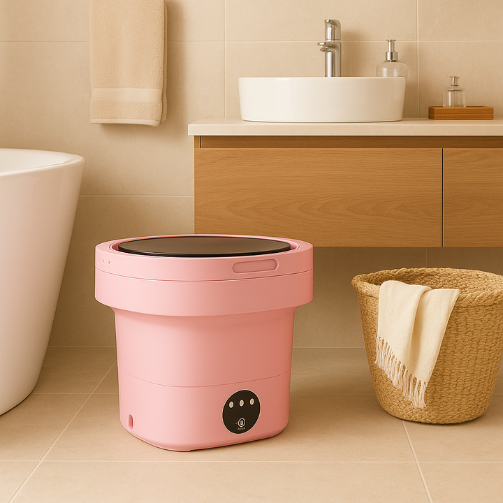 "Machine à laver pliante compacte, idéale pour petits espaces et voyages, design moderne, 17L, facile à utiliser."