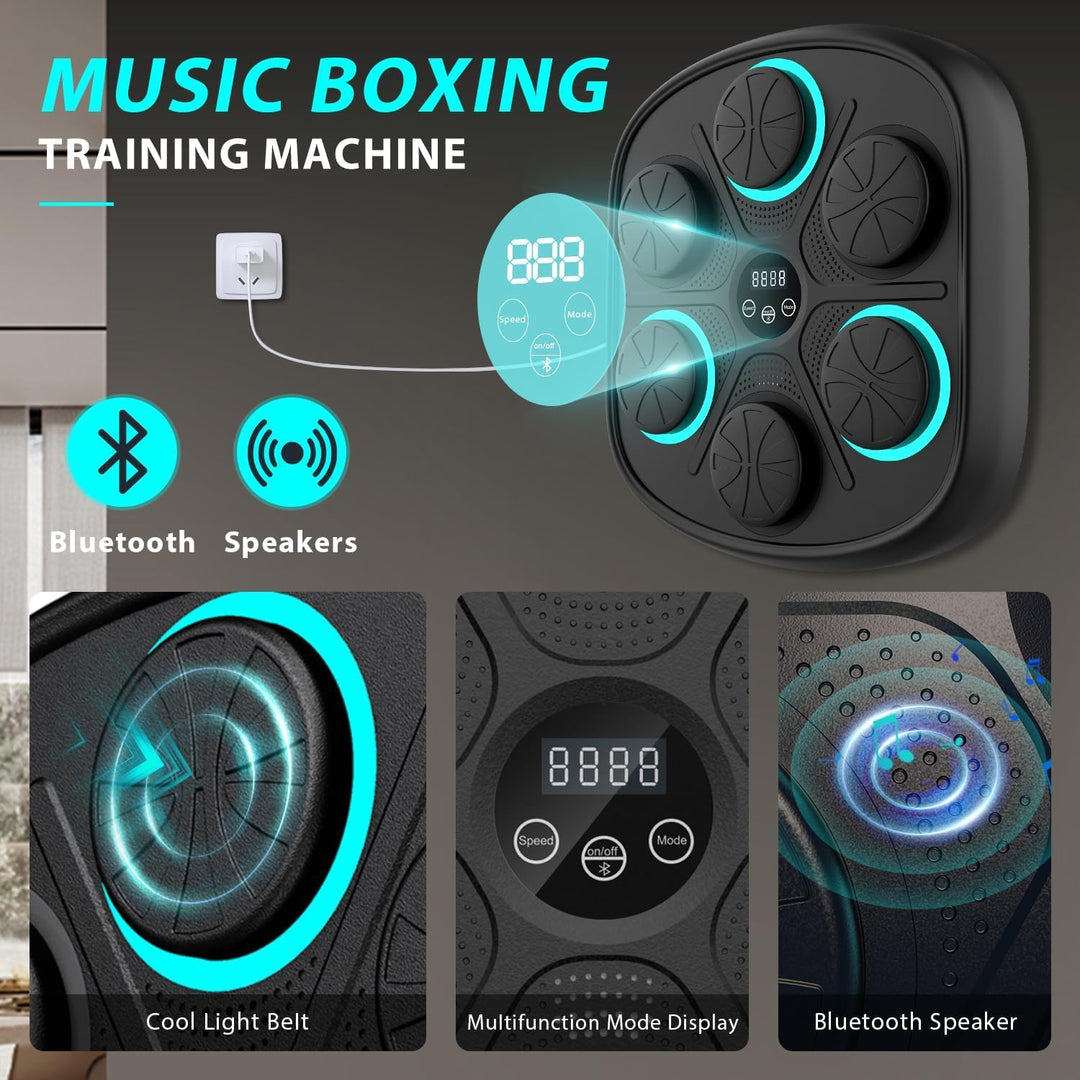 "Machine de boxe musicale blanche pour homme avec LED, neuf modes et installation facile, pour un entraînement immersif."