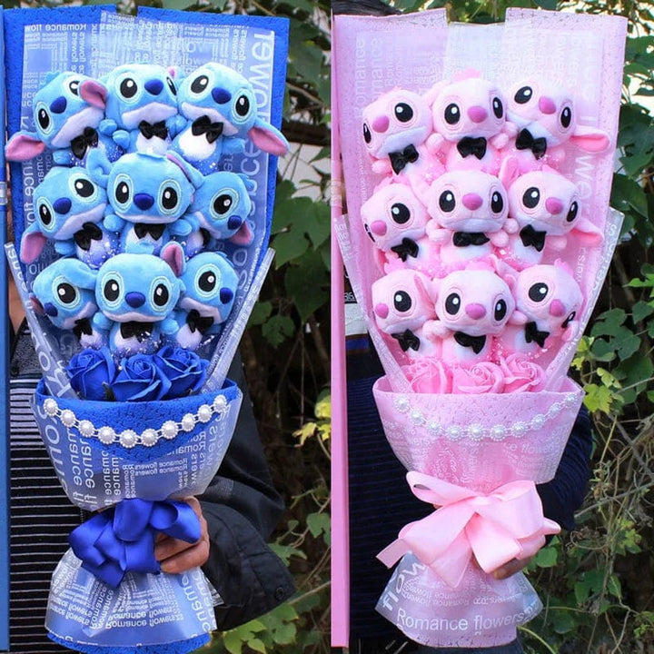"Magnifique bouquet de peluches Stitch colorées, original et mignon pour un cadeau attendrissant et décoratif."