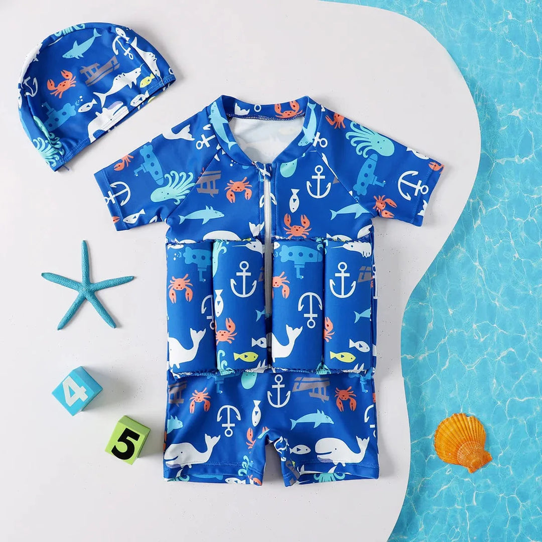 "Maillot de bain bébé flottant bleu et rose, sûr et coloré, avec flottaison intégrée pour confort et jeux aquatiques."