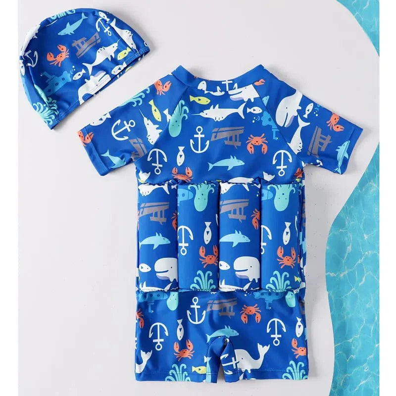 "Maillot de bain bébé flottant bleu et rose, sûr et coloré, avec flottaison intégrée pour confort et jeux aquatiques."