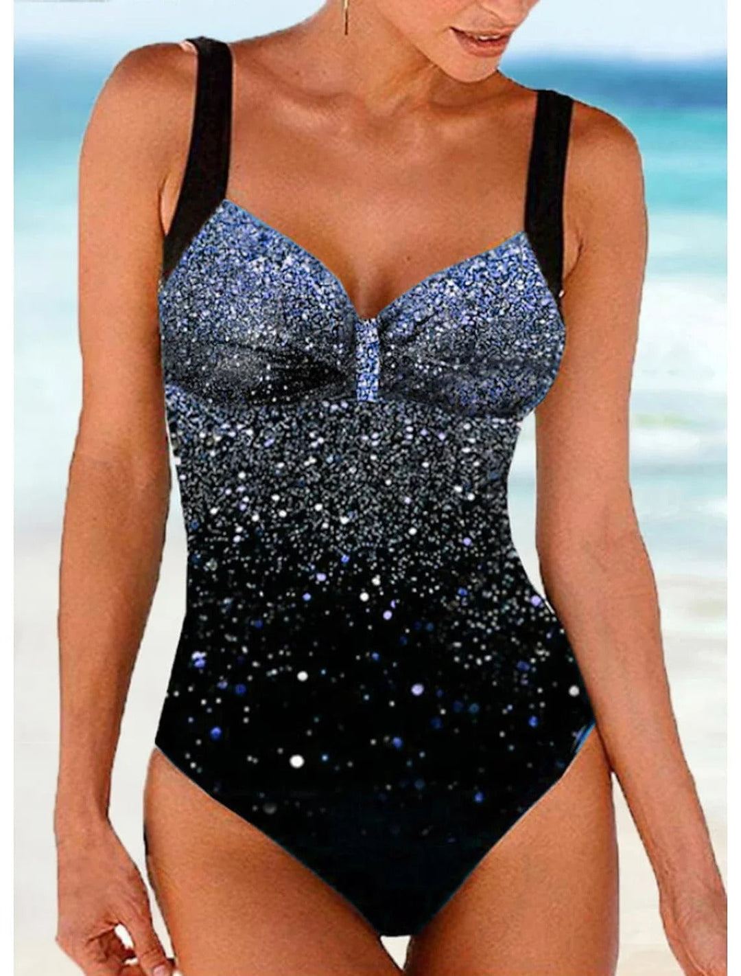 Maillot de bain push-up bleu profond pour femme, ajusté et élégant, rehausse la silhouette avec style et confort.