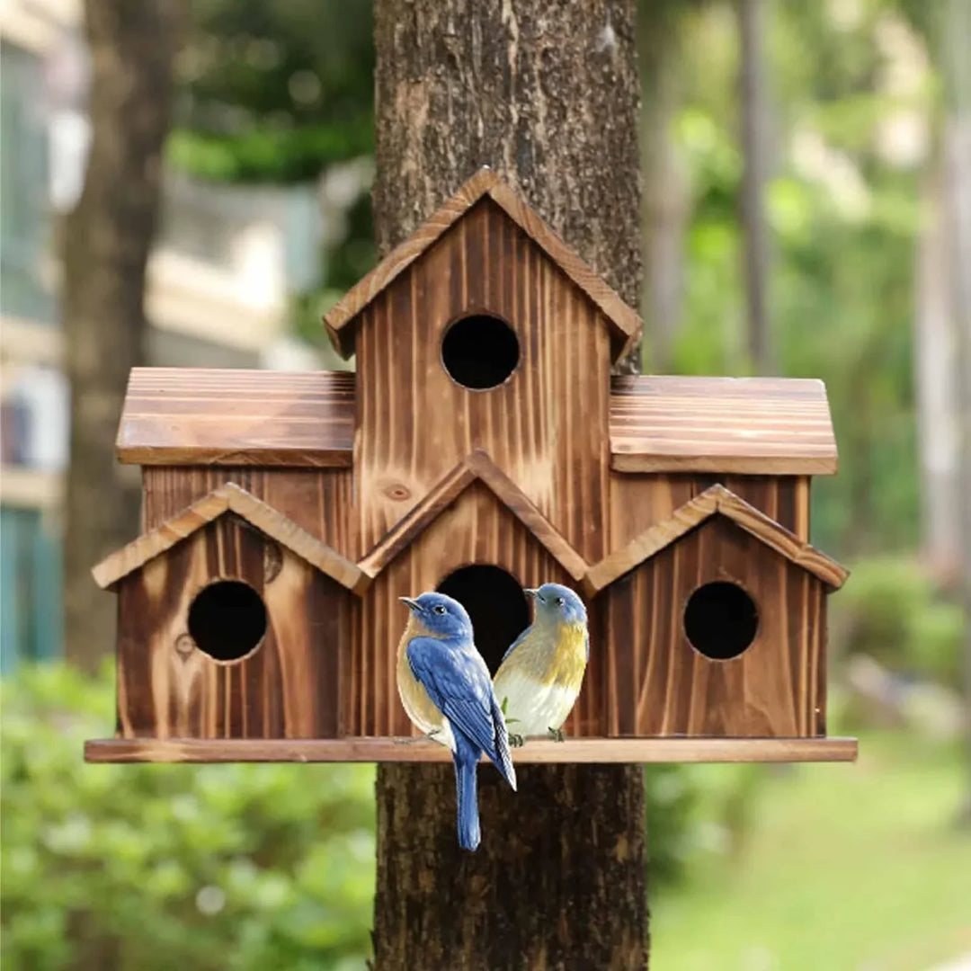 Maison d'oiseaux élégante en bois avec 6 trous, idéale pour attirer diverses espèces et embellir votre jardin.