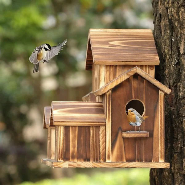 Maison d'oiseaux élégante en bois avec 6 trous, idéale pour attirer diverses espèces et embellir votre jardin.
