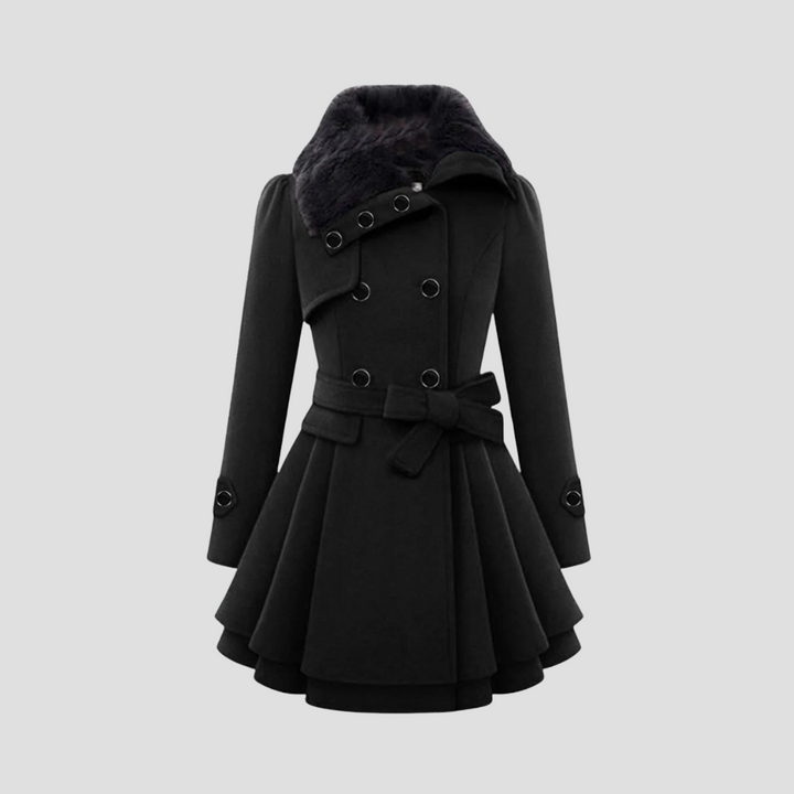 "Manteau d'hiver cintré femme, vue de face, avec col fausse fourrure et détail double boutonnage élégant."