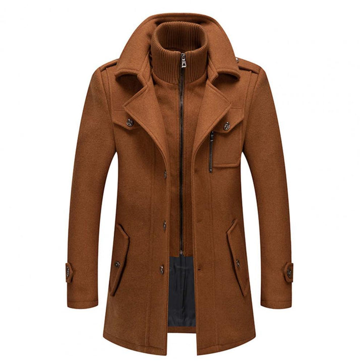 "Manteau d'hiver homme deux pièces, chaud et élégant, avec col protecteur et grandes poches, parfait pour l'hiver."