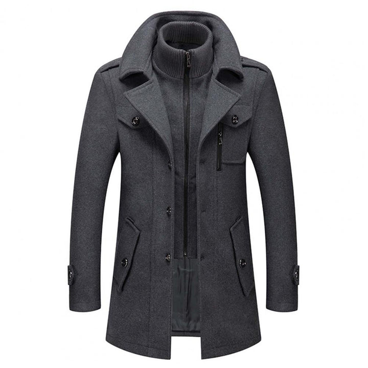 "Manteau d'hiver homme deux pièces, chaud et élégant, avec col protecteur et grandes poches, parfait pour l'hiver."