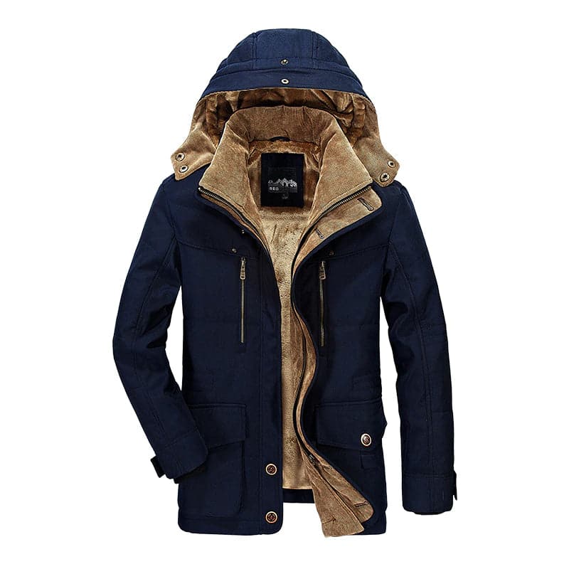 "Manteau d'hiver homme Rufino, élégant et chaud, coupe moderne, tissu imperméable, vue avant."