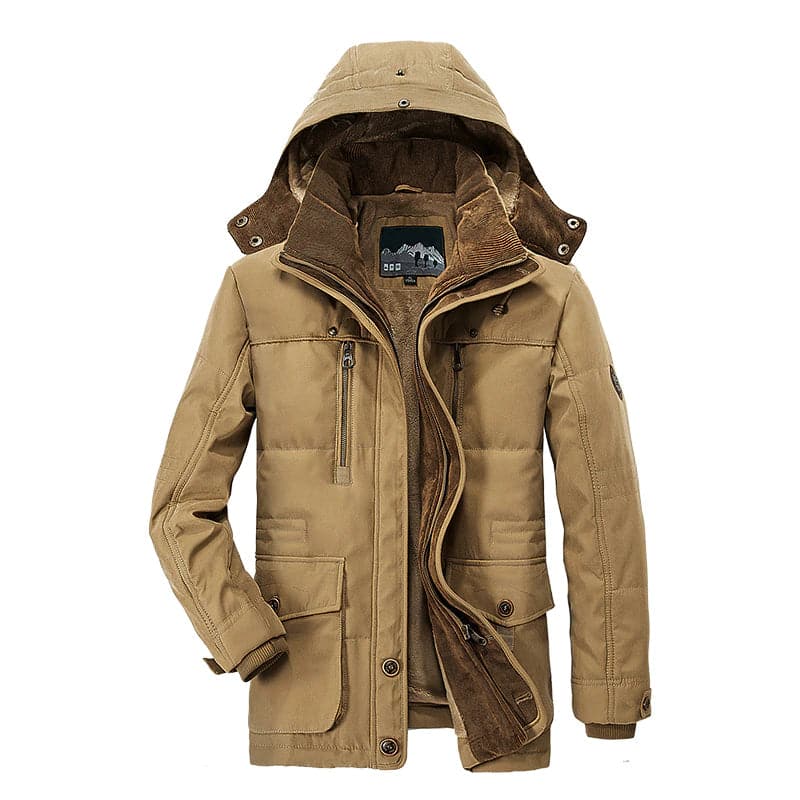 "Manteau d'hiver homme Rufino, élégant et chaud, coupe moderne, tissu imperméable, vue avant."