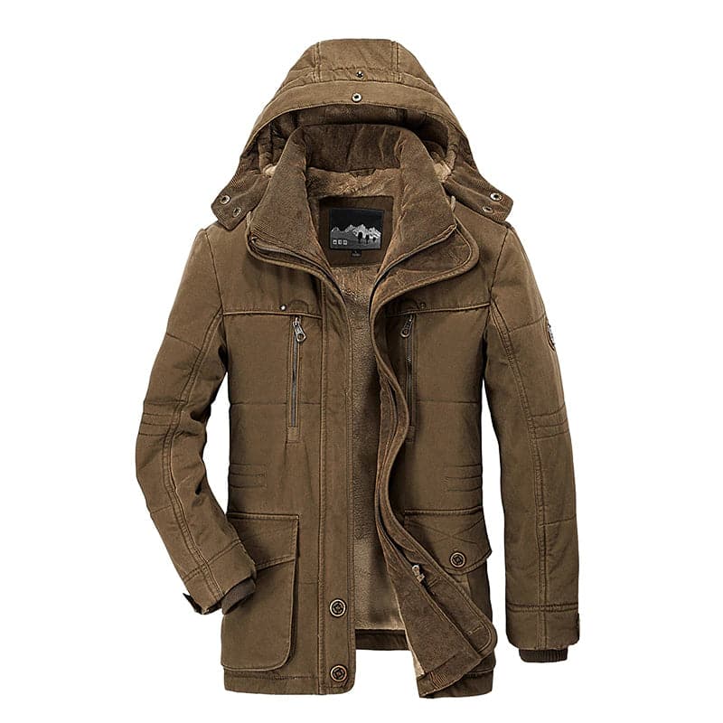 "Manteau d'hiver homme Rufino, élégant et chaud, coupe moderne, tissu imperméable, vue avant."