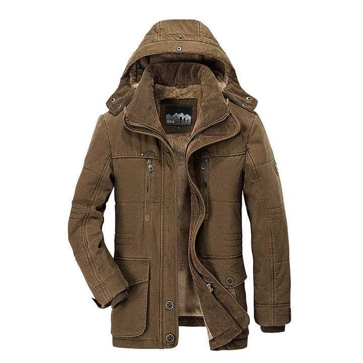 "Manteau d'hiver homme Rufino, élégant et chaud, coupe moderne, tissu imperméable, vue avant."