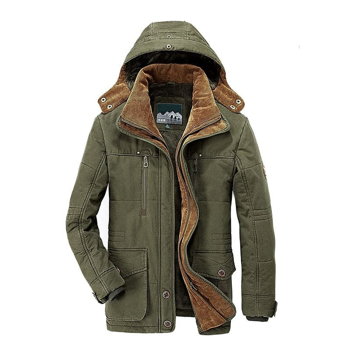 "Manteau d'hiver homme Rufino, élégant et chaud, coupe moderne, tissu imperméable, vue avant."