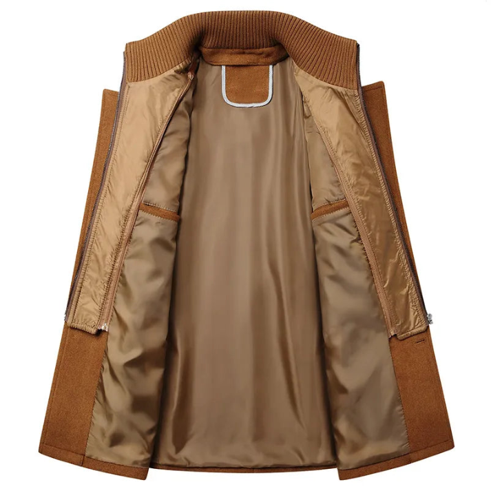 "Manteau en laine élégant pour homme avec col amovible, offre chaleur et style supérieur, idéal pour l'hiver."