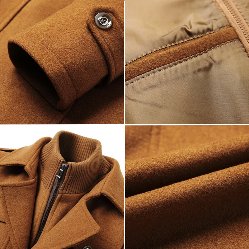 "Manteau en laine élégant pour homme avec col amovible, offre chaleur et style supérieur, idéal pour l'hiver."