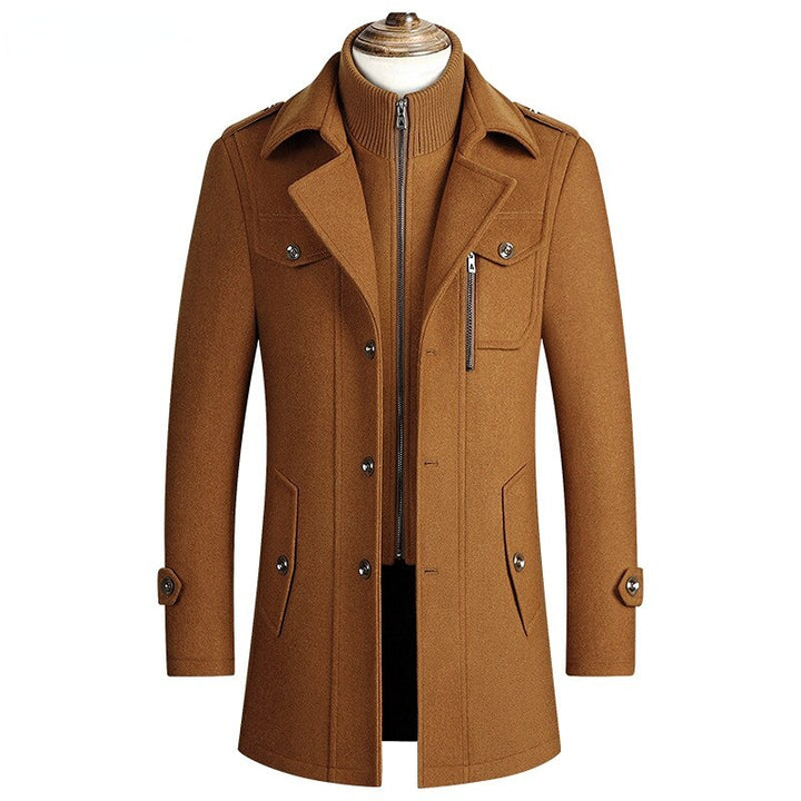 "Manteau en laine élégant pour homme avec col amovible, offre chaleur et style supérieur, idéal pour l'hiver."