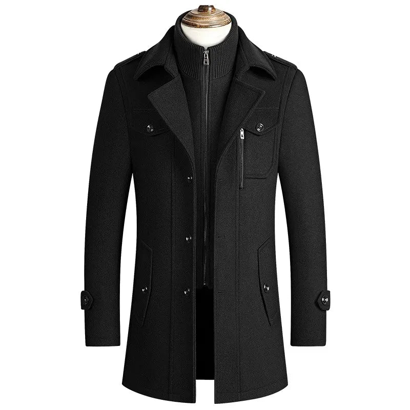 "Manteau en laine élégant pour homme avec col amovible, offre chaleur et style supérieur, idéal pour l'hiver."