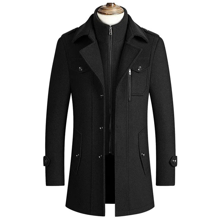 "Manteau en laine élégant pour homme avec col amovible, offre chaleur et style supérieur, idéal pour l'hiver."