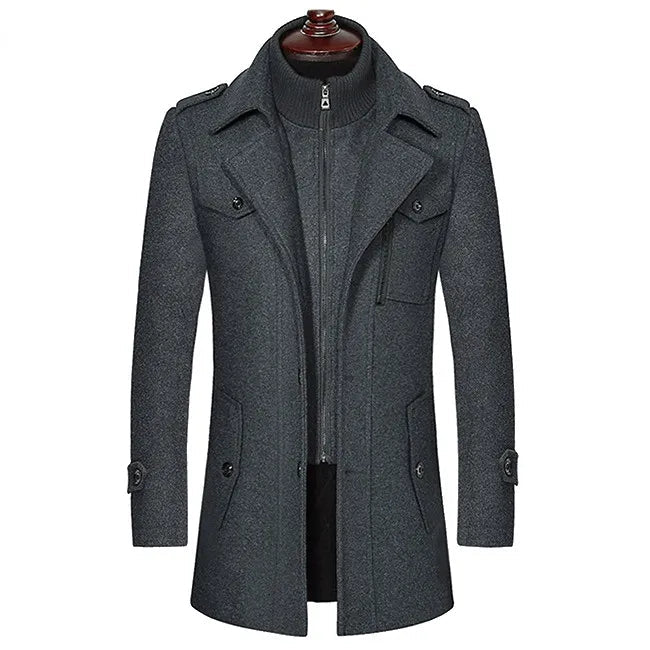 "Manteau en laine élégant pour homme avec col amovible, offre chaleur et style supérieur, idéal pour l'hiver."