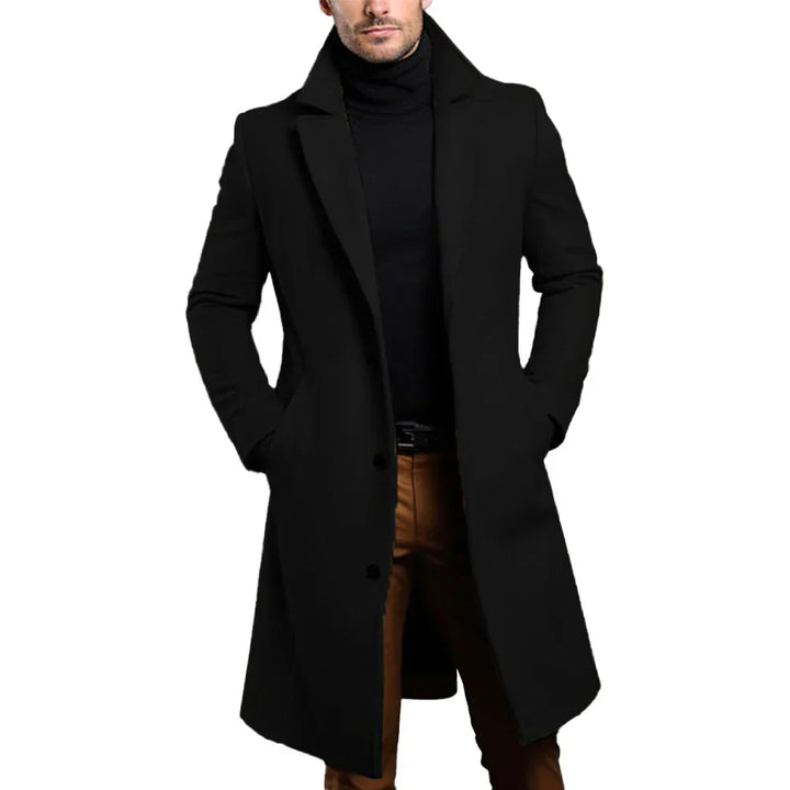 "Manteau en laine homme élégant, couleur beige, coupe classique à col revers et boutons, idéal pour chaleur et style hivernau