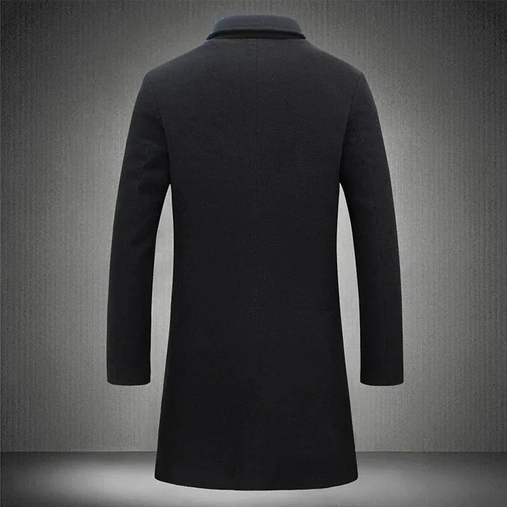 "Manteau en laine homme élégant, couleur beige, coupe classique à col revers et boutons, idéal pour chaleur et style hivernau