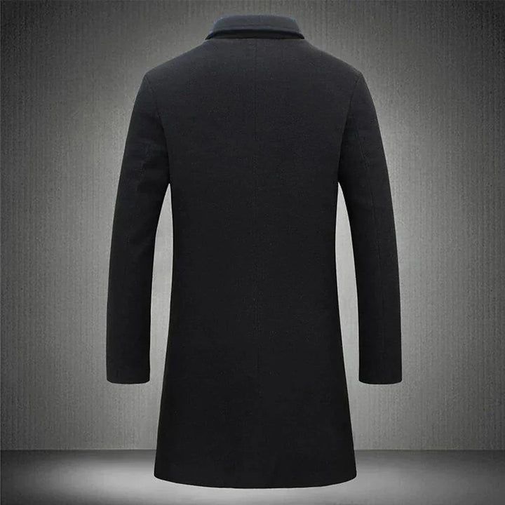 "Manteau en laine homme élégant, couleur beige, coupe classique à col revers et boutons, idéal pour chaleur et style hivernau
