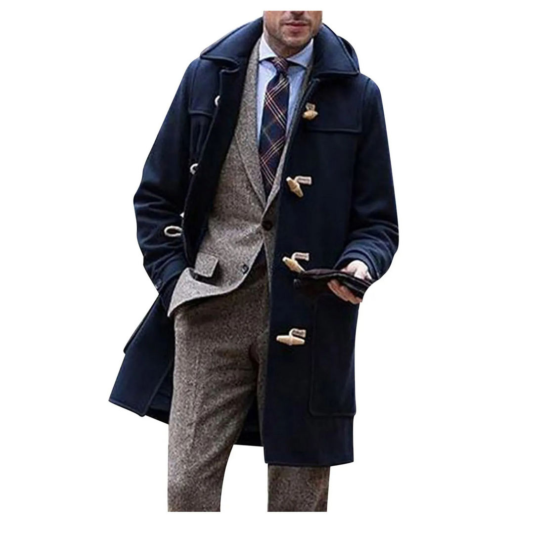 "Manteau en laine homme, vue de face, capuche élégante, pour chaleur et style en hiver."