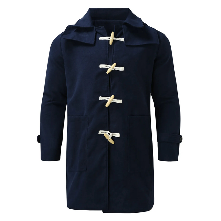 "Manteau en laine homme, vue de face, capuche élégante, pour chaleur et style en hiver."