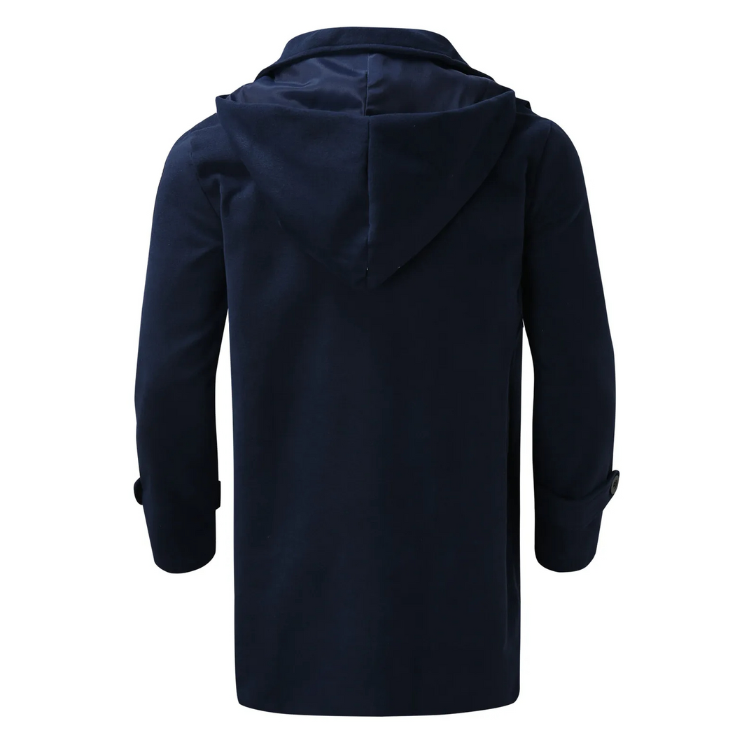 "Manteau en laine homme, vue de face, capuche élégante, pour chaleur et style en hiver."