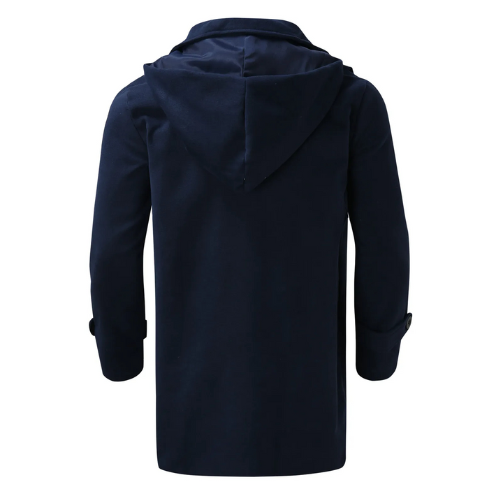 "Manteau en laine homme, vue de face, capuche élégante, pour chaleur et style en hiver."