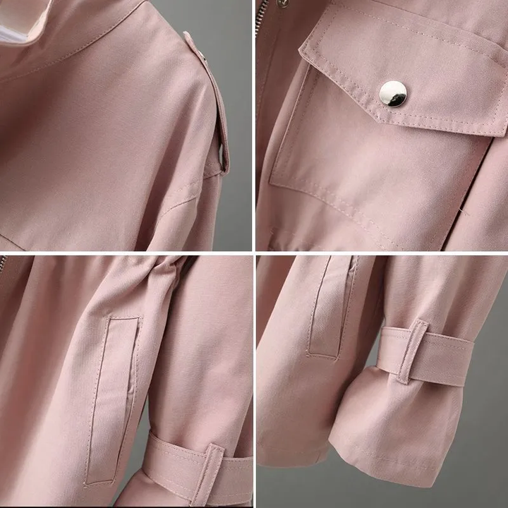 "Manteau femme chic en coton ciré, imperméable, ajusté avec capuche, poches pratiques, style élégant et flatteur"