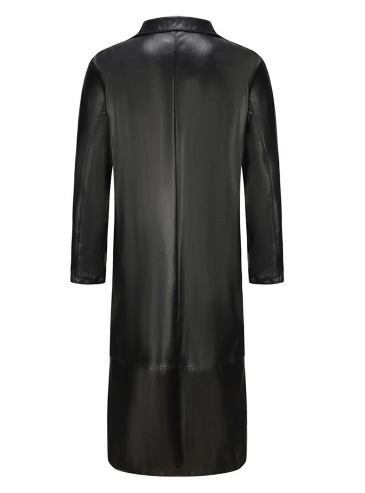 "Manteau long en cuir homme, élégant, cuir raffiné, revers classiques, style intemporel, durable et polyvalent."