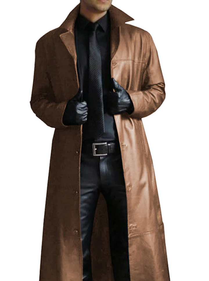"Manteau long en cuir homme, élégant, cuir raffiné, revers classiques, style intemporel, durable et polyvalent."