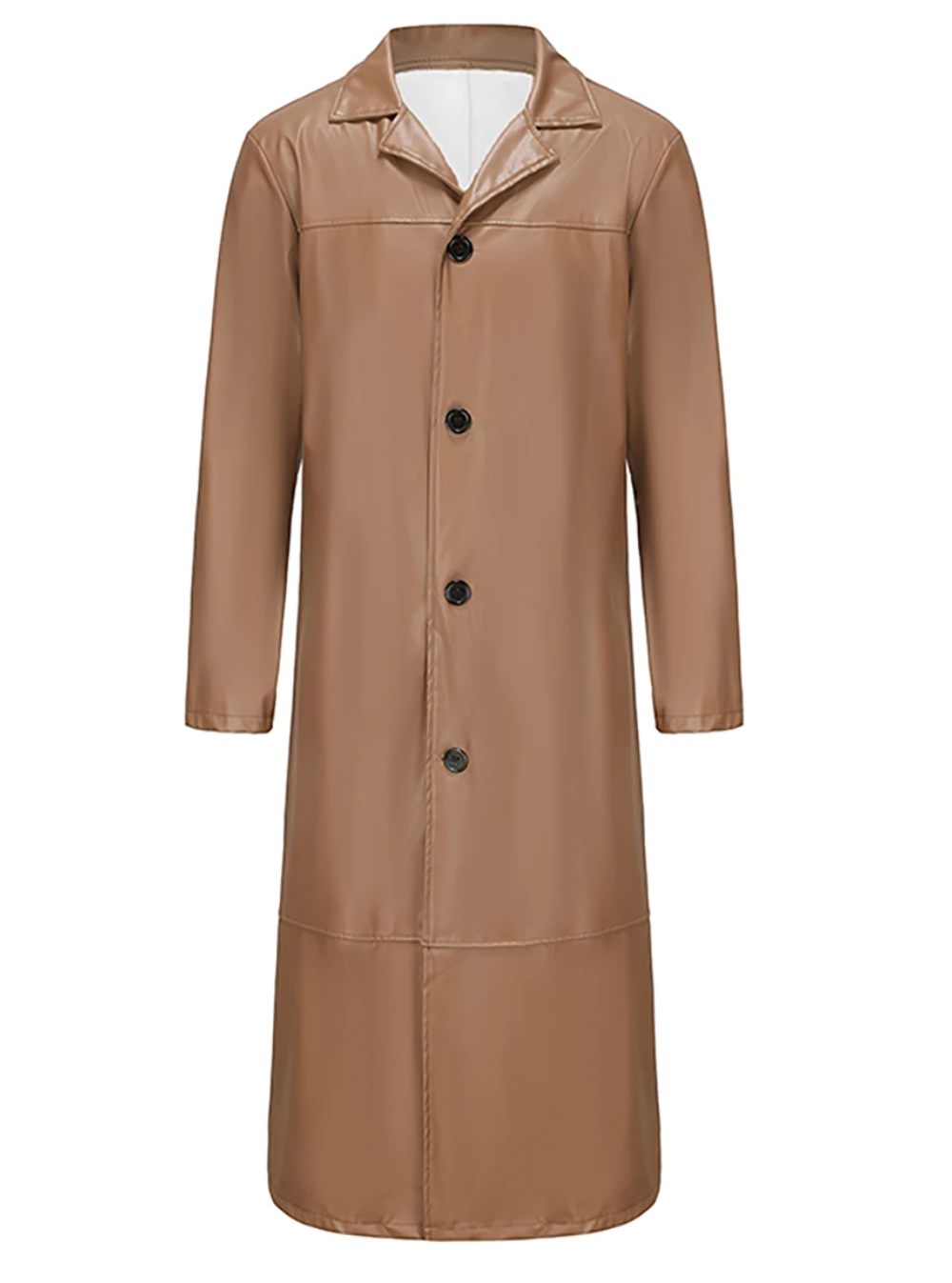 "Manteau long en cuir homme, élégant, cuir raffiné, revers classiques, style intemporel, durable et polyvalent."