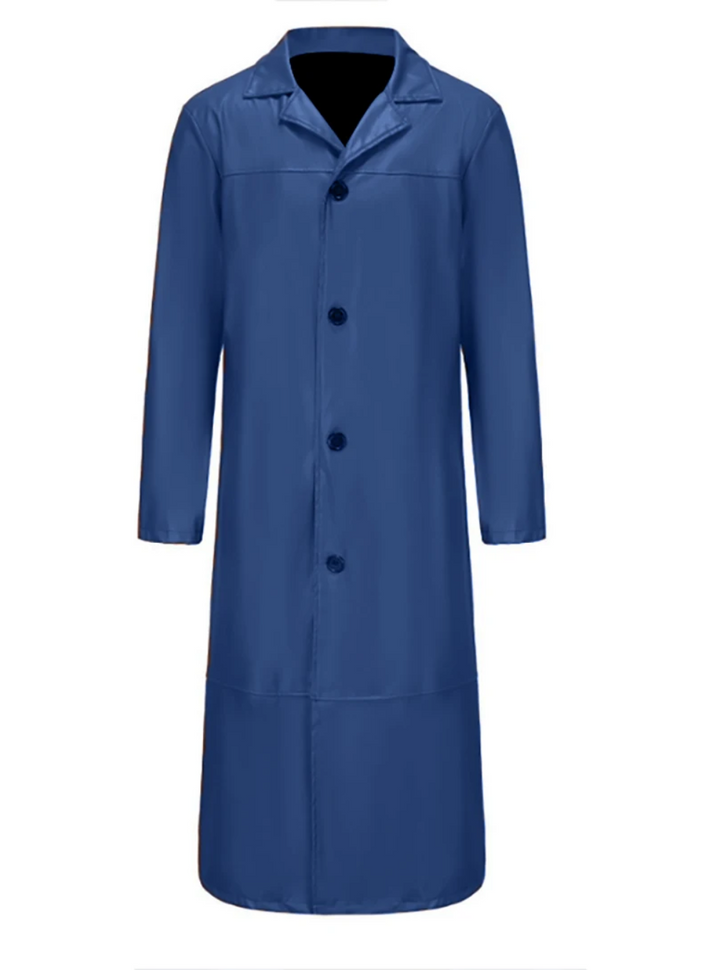 "Manteau long en cuir homme, élégant, cuir raffiné, revers classiques, style intemporel, durable et polyvalent."