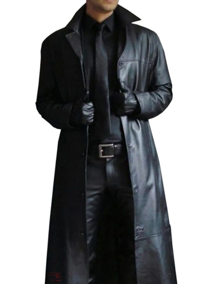 "Manteau long en cuir homme, élégant, cuir raffiné, revers classiques, style intemporel, durable et polyvalent."