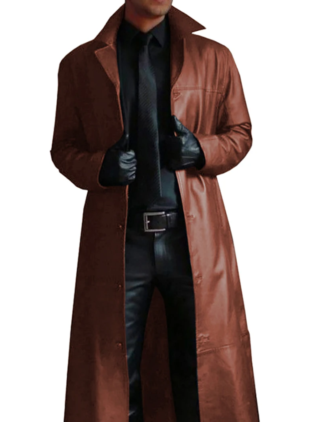 "Manteau long en cuir homme, élégant, cuir raffiné, revers classiques, style intemporel, durable et polyvalent."