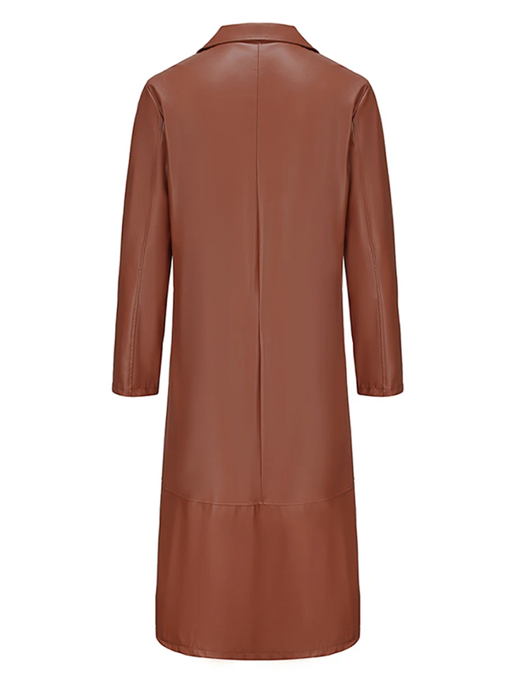 "Manteau long en cuir homme, élégant, cuir raffiné, revers classiques, style intemporel, durable et polyvalent."