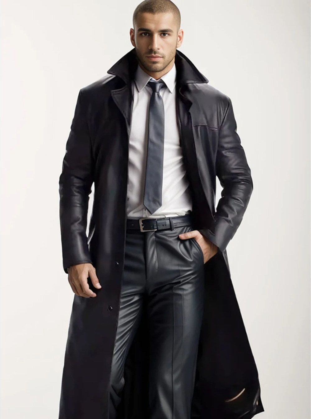 "Manteau long en cuir homme, élégant, cuir raffiné, revers classiques, style intemporel, durable et polyvalent."