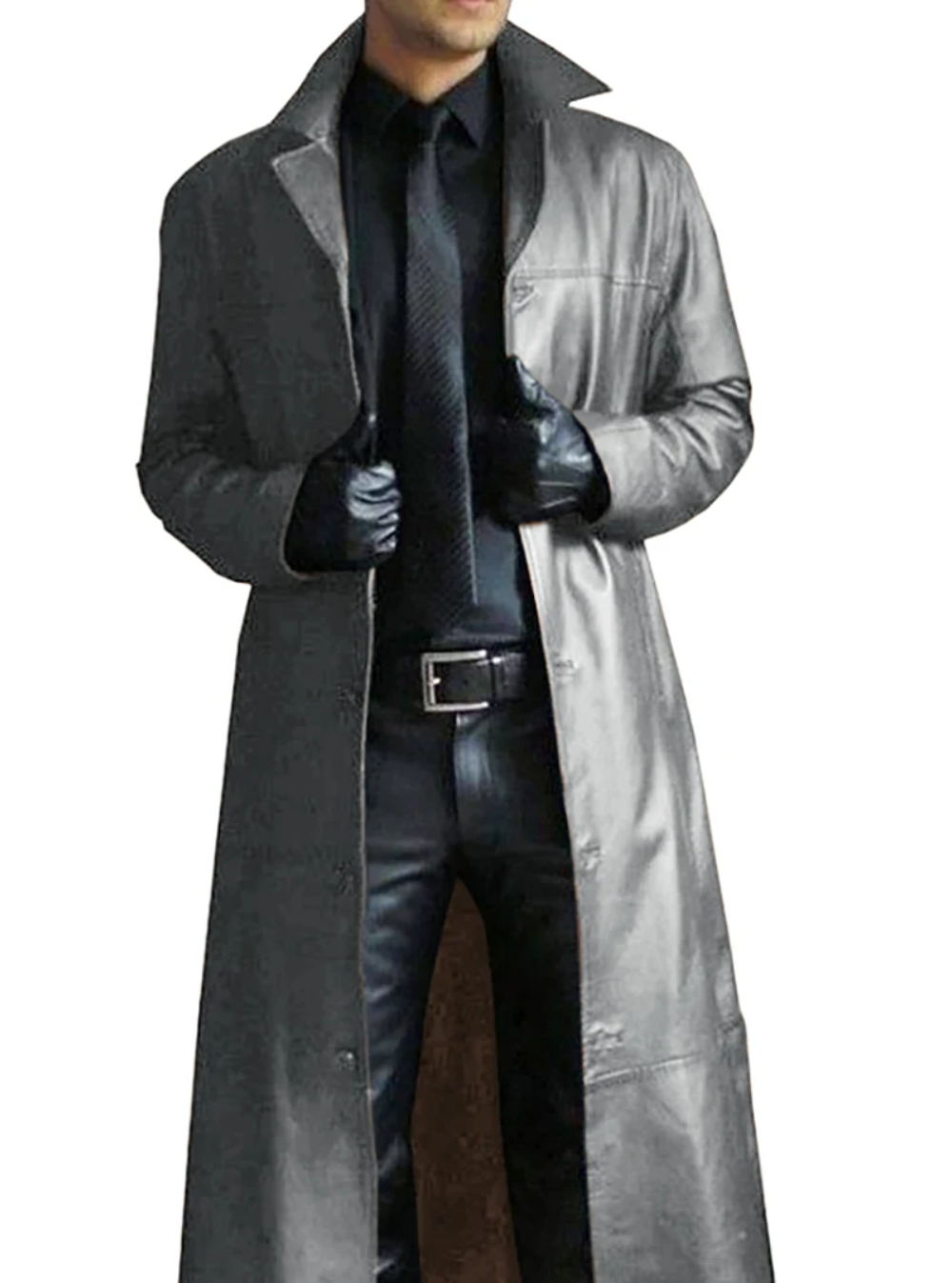 "Manteau long en cuir homme, élégant, cuir raffiné, revers classiques, style intemporel, durable et polyvalent."
